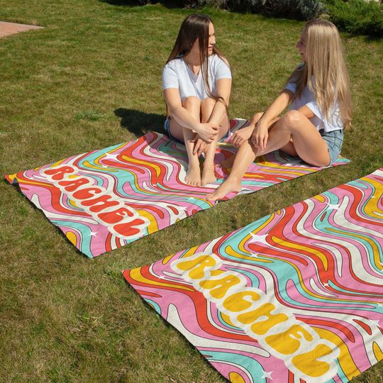 Psychedelic Groovy Personalized Beach Towel, Retro Style Custom Name Pool Towel, Hippie Party, Vintage Adult/Kids Birthday Vacation Gift