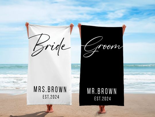 Honeymoon Bride Groom Couple Beach Towel, Matching Custom Bath Towels, Personalized Mr. Mrs. Gift, Newlywed Anniversary Wedding Gift,
