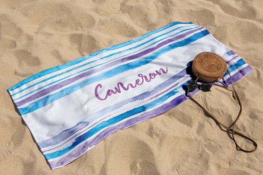 Script Style Custom Name Towel, Personalized Watercolor Stripes Beach Towel, Bachelorette Party, Family Trip, Honeymoon, Vacation Gift