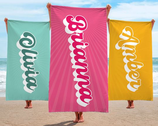 Retro Cursive Custom Beach Towel, Bachelorette Trip, Custom Bridal Shower Gift, Multi Style Family Vacation Towels, Personalized Beach Towel