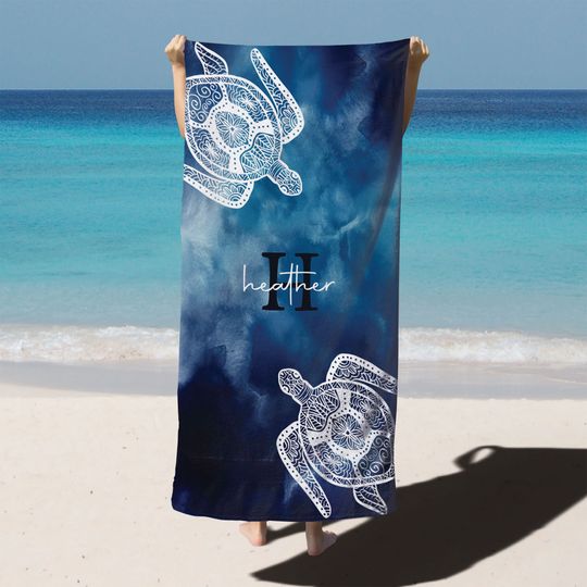 Tie Dye Style Custom Name Beach Towel,Mandala Turtle Design, Personalized Beach Towel, Birthday Gift, Bohemian Style, Bachelorette Party