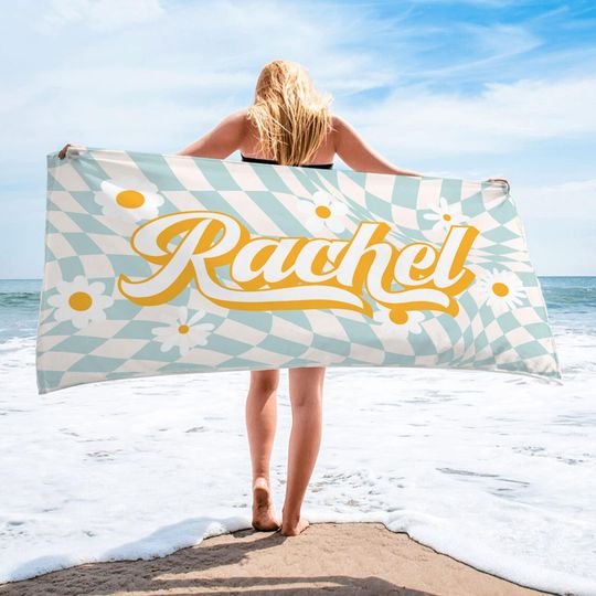 Retro Checkered Pattern Beach Towel, Custom Beach Towel, Personalized Hippie Style Beach Towel, Birthday, Bridesmaid, Bridal Shower Gift