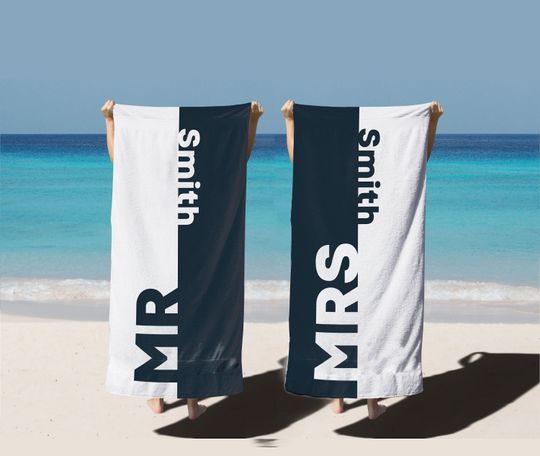 Custom Mr. and Mrs. Beach Towels, Newlywed Gifts, Personalized Bridal Shower Gift, Honeymoon Vacation Gift, Gift For Bride and Groom