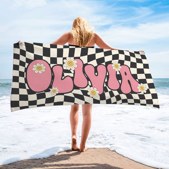 Groovy Daisy Custom Beach Towel, Bridesmaid Retro Checkered Personalized Pool Towel, Smile Face Birthday Vacation Gift, Mothers Day Gift