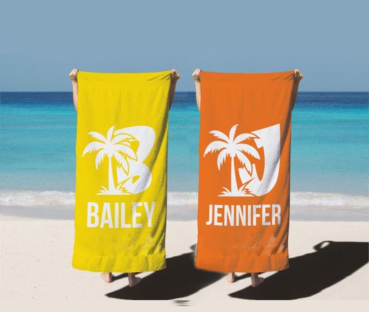 Palm Tree Custom Initial Beach Towel Adult/Kids Personalized Name Pool Towel, Bridesmaid Towel, Birthday Gift for Her, Family Vacation Gift