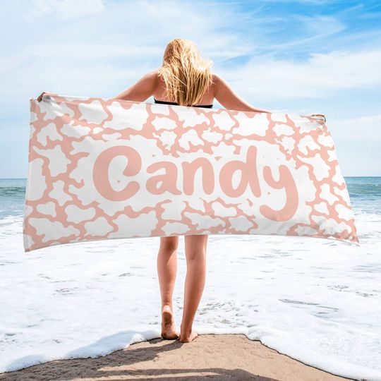 Custom Pink Animal Print Beach Towel, Personalized Name Beach Towel, Cow Print, Leopard Print, Birthday Gift, Bachelorette Party
