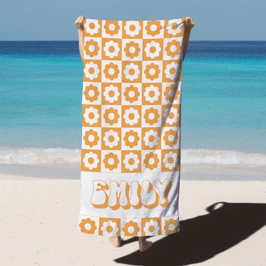 Retro Style Custom Name Beach Towel, Vintage Floral 70's Design, Personalized Pool Towel, Vacation Birthday Gift, Bachelorette Party Favors