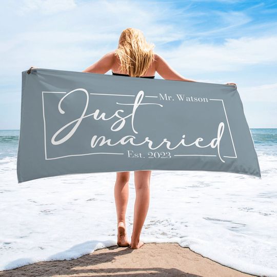 Just Married Beach Towel, His and Hers Newlywed Beach Towels, Custom Mr and Mrs Beach Towels, Personalized Honeymoon Gift,Bridal Shower Gift