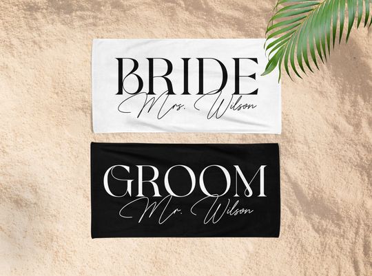 Honeymoon Bride and Groom Beach Towel, Bride Custom Beach Towel, Honeymoon Trip, Personalized Gifts For Newlywed Mr. and Mrs. Couple Towels