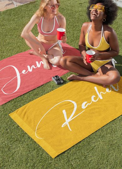 Personalized Script Font Name Beach Towel, Colorful Custom Beach Towel, Bridesmaids Towel, Rainbow Bath Towel Kids Pool Towel, Vacation Gift