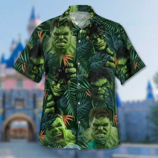 Big Green Angry Hero Aloha Shirt, Hero In Palm Leaf 3D All Over Printed Hawaiian Shirt, Superhero Theme Hawaii Summer Vacation Shirt