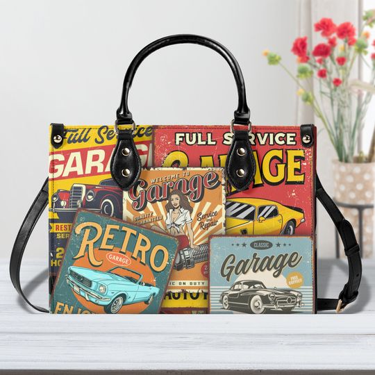 Retro Car handbag, Vintage Car Design Purse, Faux Leather Handbag, Car Show Handbag, Retro Car Lover Handbag