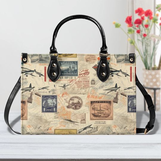 Vintage Travel Design Handbag,  Gift for Traveler, Airplane World Traveler Gift, Vacation Passport Print Handbag