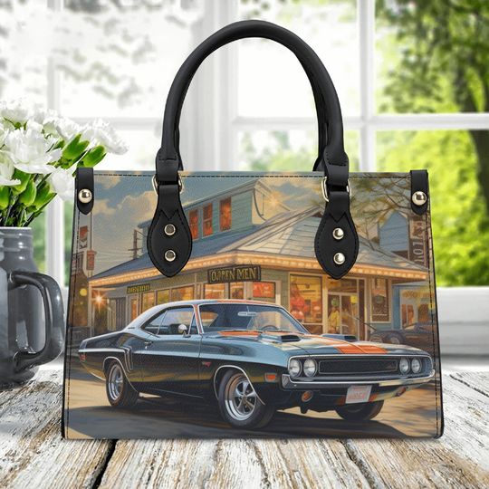 Classic Muscle Car Handbag, Vintage Car Print Purse, Retro Car Purse, Classic Car Handbag