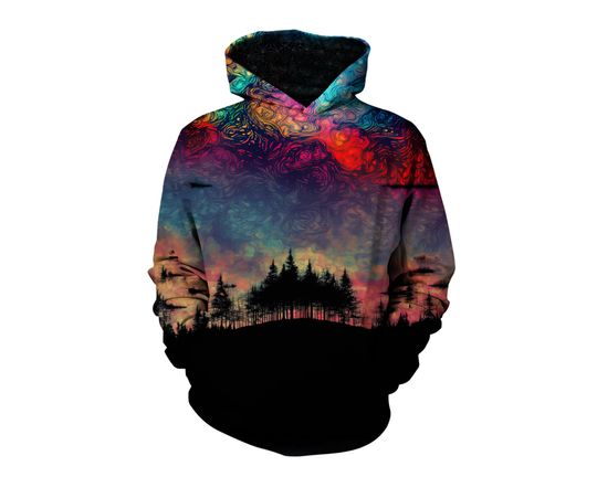 Trippy Space Artwork Graphic Hoodie - Psychedelic Nebula Forest Pullover Hoody - Galaxy Universe Print Jumper - Festival Clothing
