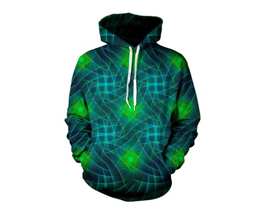 Geometric Blue and Green  Light Show Hoodie - Trippy Fractal Pattern All Over Print Hippie Hoody - Psychedelic Rave Wear