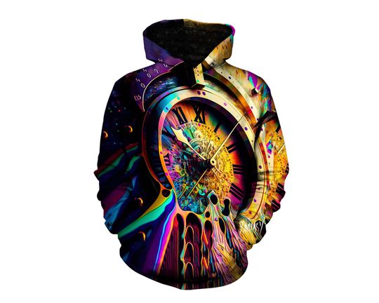 Drippy Painted Clock Sublimation Print Pullover Hoodie | Psychedelic Festival Clothing for Men | Bright and Colorful Hoody