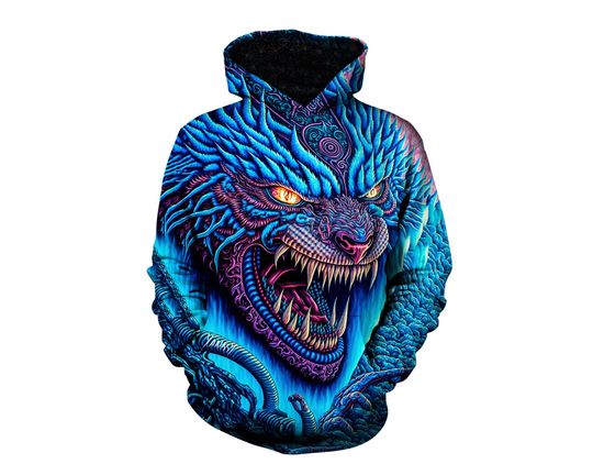 Beautiful Tiger Dragon Artwork Pullover Hoodie - Trippy Visionary Artwork Hoody Print - Vibrant UV Festival Clothes for Animal Lover
