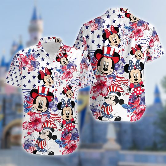 Cute Mouse Girl Floral Colorful Hawaiian Shirt, Cartoon Character Button Up, Magic Kingdom Fourth Of July Shirt, 4th July All Over Print