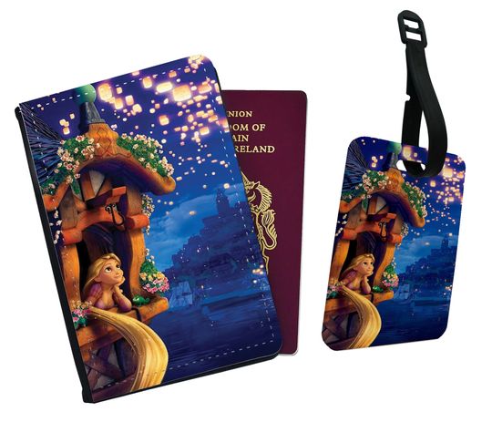 Personalised Faux Leather Passport Cover and Luggage Tag Disney Tangled Summer Disney Rapunzel Flynn Love Lamps Prince Disneyland Gift