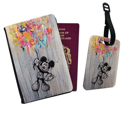 Personalised Faux Leather Passport Cover and Luggage Tag Disney's Mickey Mouse Up House Balloons Vintage Disneyland Friends Birthday Gift