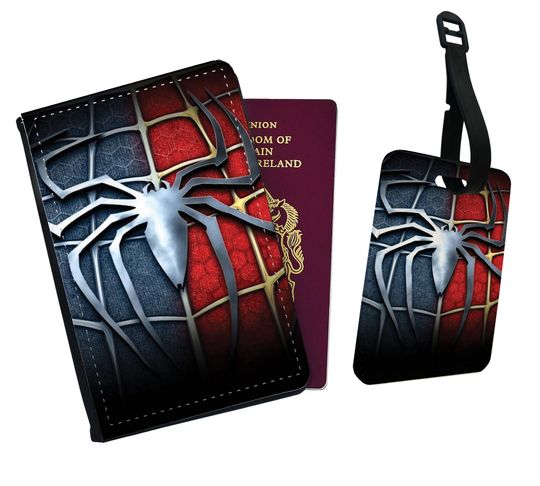 Personalised Faux Leather Passport Cover and Luggage Tags, Travel Accessory Set, Amazing Spiderman Marvel Avengers Peter Pan