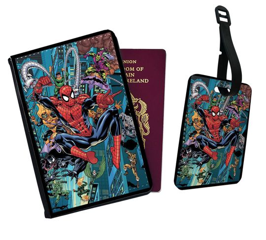 Personalised Faux Leather Passport Cover and Luggage Tag, Travel Accessory Set, Amazing Spiderman