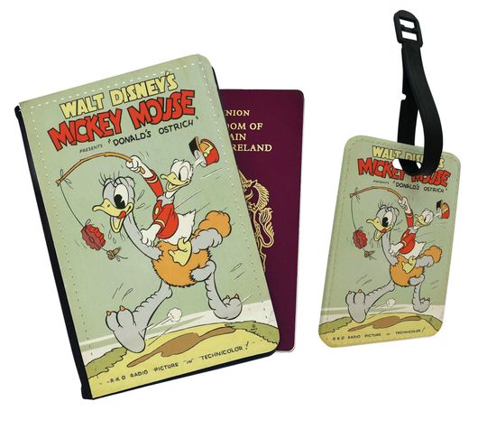Personalised Faux Leather Passport Cover and Luggage Tag Vintage Disney Donald Duck Comics Ostrich Disneyland Friends Mickey Mouse Gift