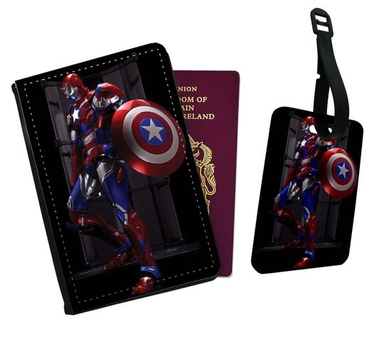 Personalised Faux Leather Passport Cover and Luggage Tag, Captain America Shield, Gift for Marvel Travel Lovers, Travel Accessory Gift Set