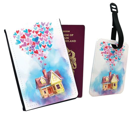 Travel Accessory Set - Faux Leather Passport Cover and Luggage Tag  Disney Up House Balloons