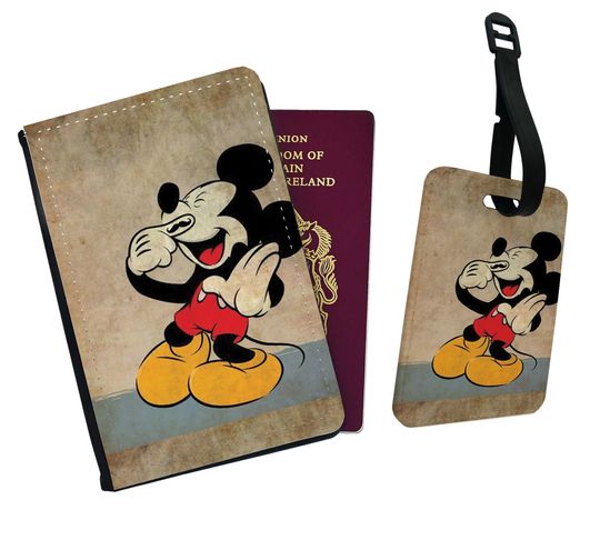 Travel Accessory Set - Faux Leather Passport Cover and Luggage Tag  Disney Mickey Mouse Vintage