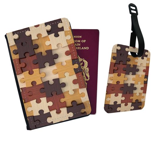 Personalised Faux Leather Passport Cover & Luggage Tag Travel Puzzle Jigsaw Design Holidays Adventure Birthday Gift Friends Honey Forest