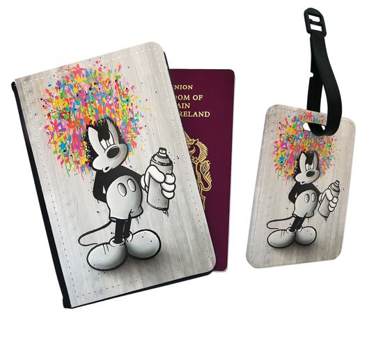 Travel Accessory Set, Faux Leather Passport Cover, Luggage Tag, Disney Mickey Mouse Graffiti Drawing