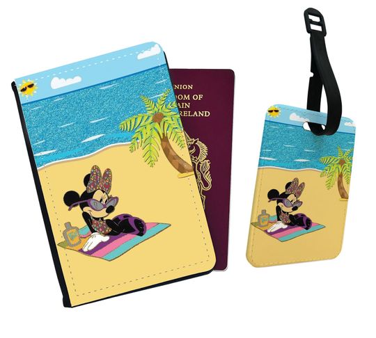 Personalised Faux Leather Passport Cover and Luggage Tag Disney Minnie Mouse on Beach Holidays Summer Mickey Mouse Disneyland Adventure Gift