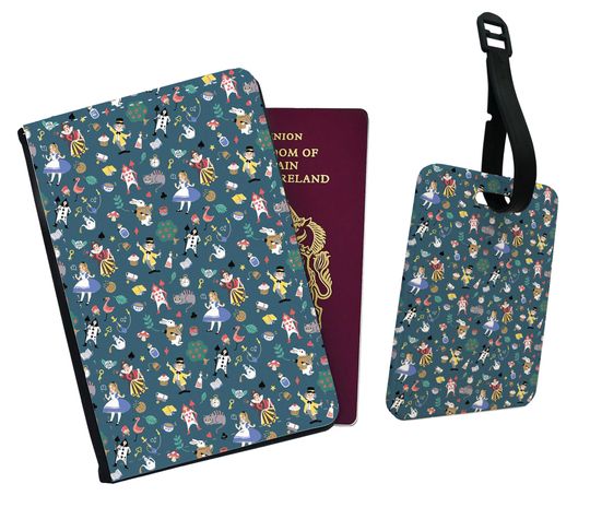 Personalised Faux Leather Passport Cover & Luggage Tag Disney Alice's Adventure in Wonderland Travel Friends Dormouse White Rabbit Dormouse