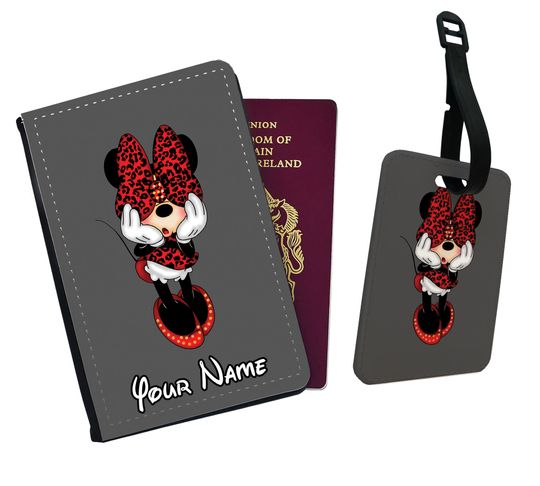 Personalised Passport Cover and Luggage Tag, Disney Minnie Mouse with Your Name, Travel Accessory Set, Custom Gift for her