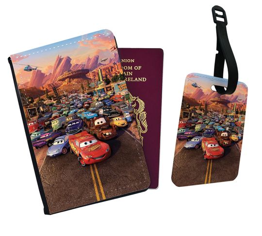 Travel Accessory Set - Faux Leather Passport Cover and Luggage Tag  Disney Cars with YOUR NAME