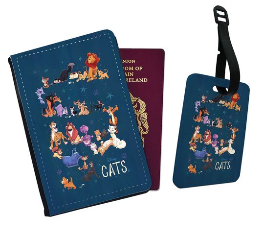 Personalised Faux Leather Passport Cover & Luggage Tag Disney Cheshire Cat Aristocats Pinocchio Simba Mufasa Timon and Pumbaa