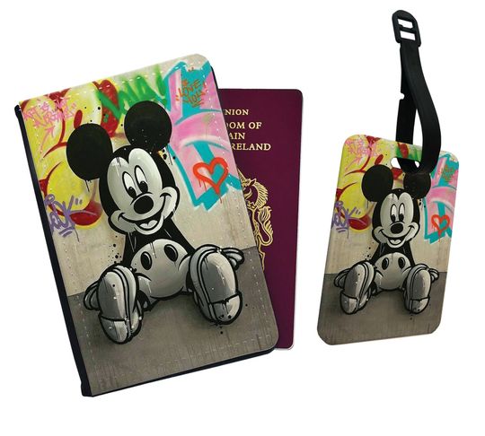Travel Accessory Set - Faux Leather Passport Cover and Luggage Tag  Disney Mickey Mouse Vintage Graffiti