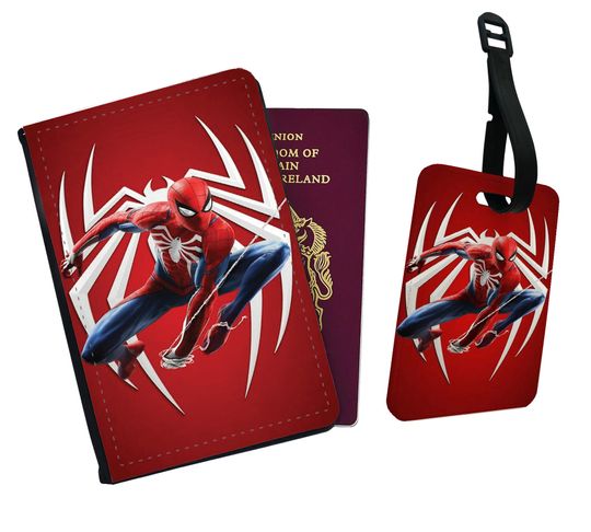 Personalised Faux Leather Passport Cover and Luggage Tags, Travel Accessory Set, Marvel Avengers Spiderman Endgame Infinity