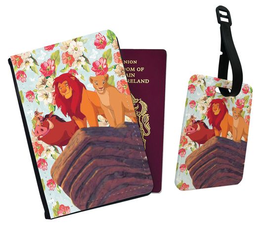 Personalised Faux Leather Passport Cover & Luggage Tag Disney Lion King Simba Timo Pumba Hakuna Matata Adventure Friends Birthday Gift