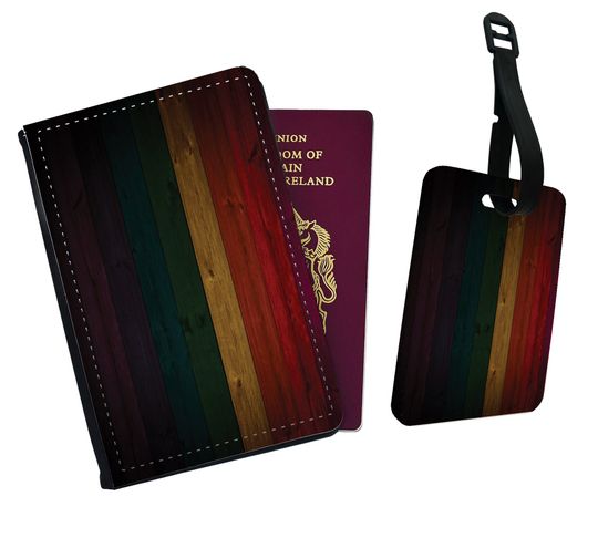 Personalised Faux Leather Passport Cover & Luggage Tag Love is Love LGBT Pride Rainbow Colourful Wood Birthday Christmas Wedding Custom Gift