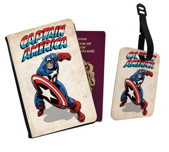 Personalised Faux Leather Passport Cover and Luggage Tag, Travel Accessory Set, Marvel Avengers, Captain America Shield