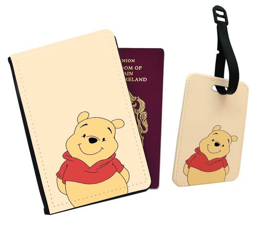 Personalised Faux Leather Passport Cover & Luggage Tag, Travel Accessory Set, Disney Winnie-the-Pooh, Pooh Bear Travel Set, Custom Gift