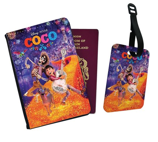 Personalised Faux Leather Passport Cover and Luggage Tag Disney Coco Miguel Adventure Music Guitar Vintage Disneyland Friends Birthday Gift