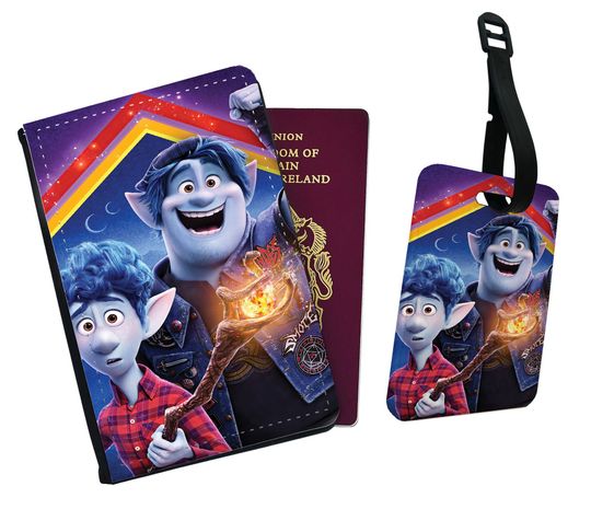 Personalised Faux Leather Passport Cover and Luggage Tag Marvel Disney Onwards ONWARD Teenage Elf Brothers Ian and Barley Lightfoot