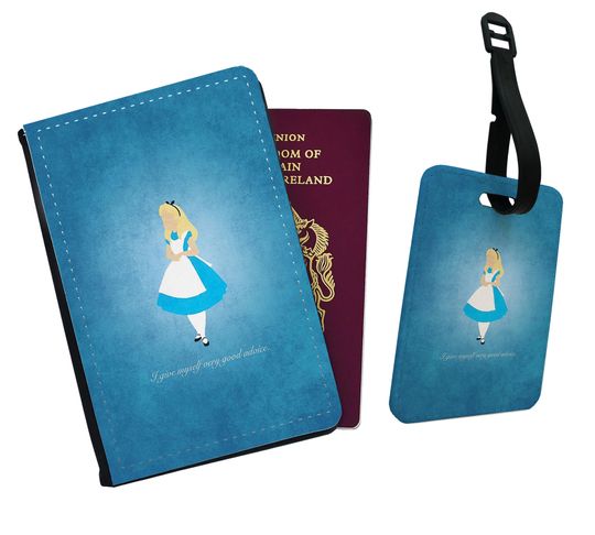 Personalised Faux Leather Passport Cover and Luggage Tag Alice in Wonderland Neverland Fantasy Vintage Disneyland Friends Birthday Gift