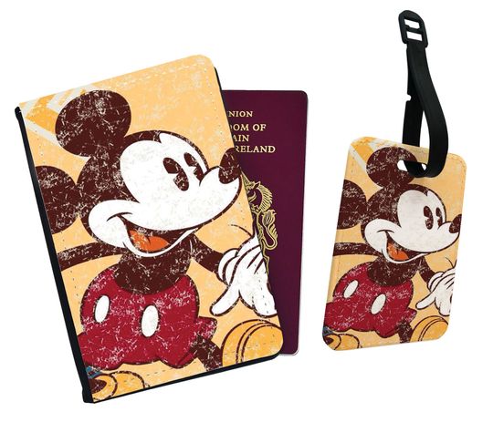 Travel Accessory Set - Faux Leather Passport Cover and Luggage Tag  Disney Mickey Mouse Vintage