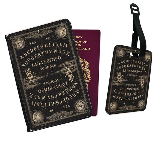 Personalised Faux Leather Passport Cover and Luggage Tags, Travel Accessory Set, Ouija, Spirit Board, Talking Board, Good Luck