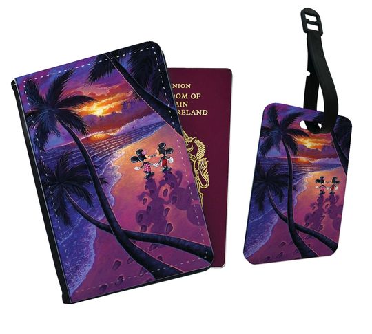Personalised Faux Leather Passport Cover and Luggage Tags, Travel Accessory Set, Disney Mickey Mouse and Minnie on Holidays